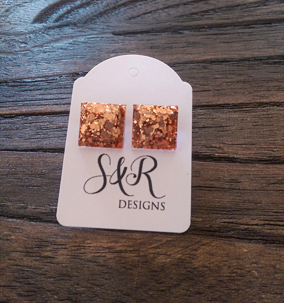 Square Resin Stud Earrings, Rose Gold Copper Glitter Earrings, Stainless Steel - Silver and Resin Designs