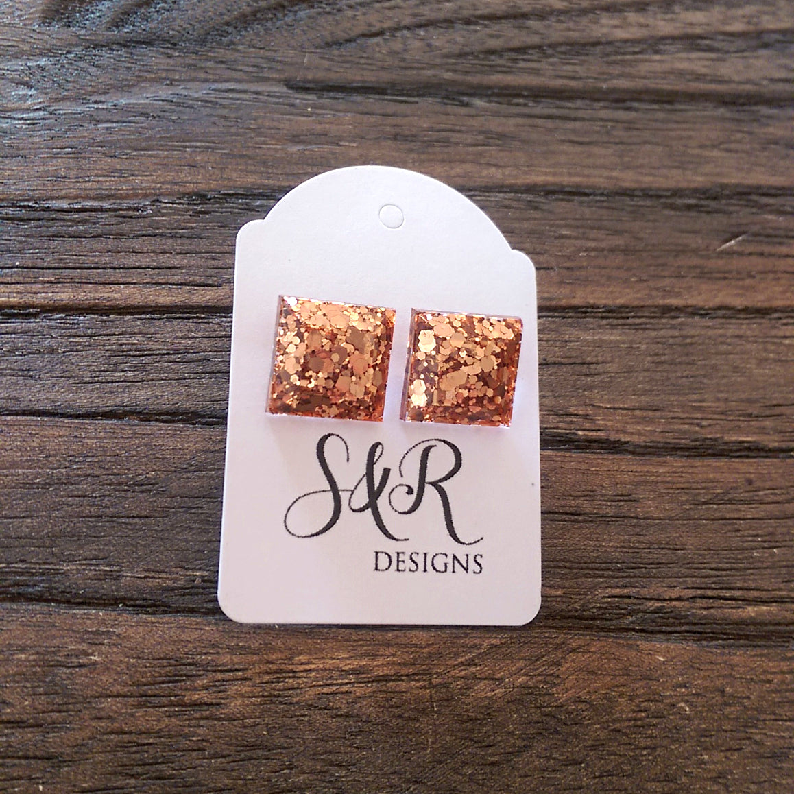 Square Resin Stud Earrings, Rose Gold Copper Glitter Earrings, Stainless Steel - Silver and Resin Designs