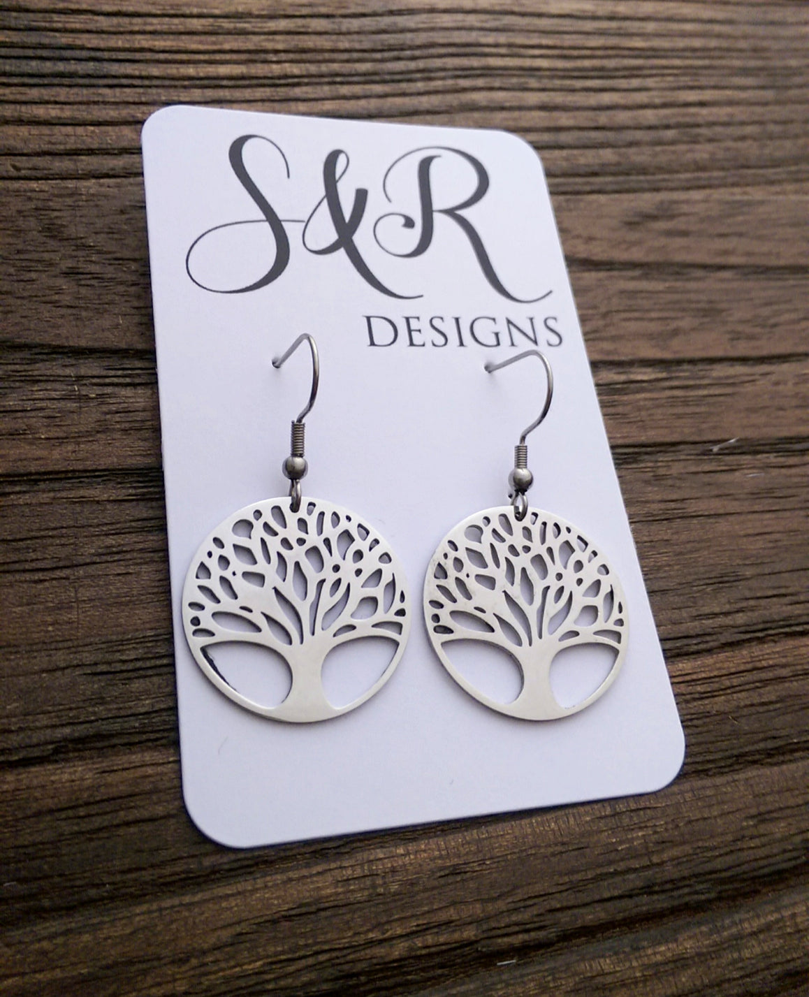 Stainless Steel Tree of Life Dangle Hook Earrings. - Silver and Resin Designs