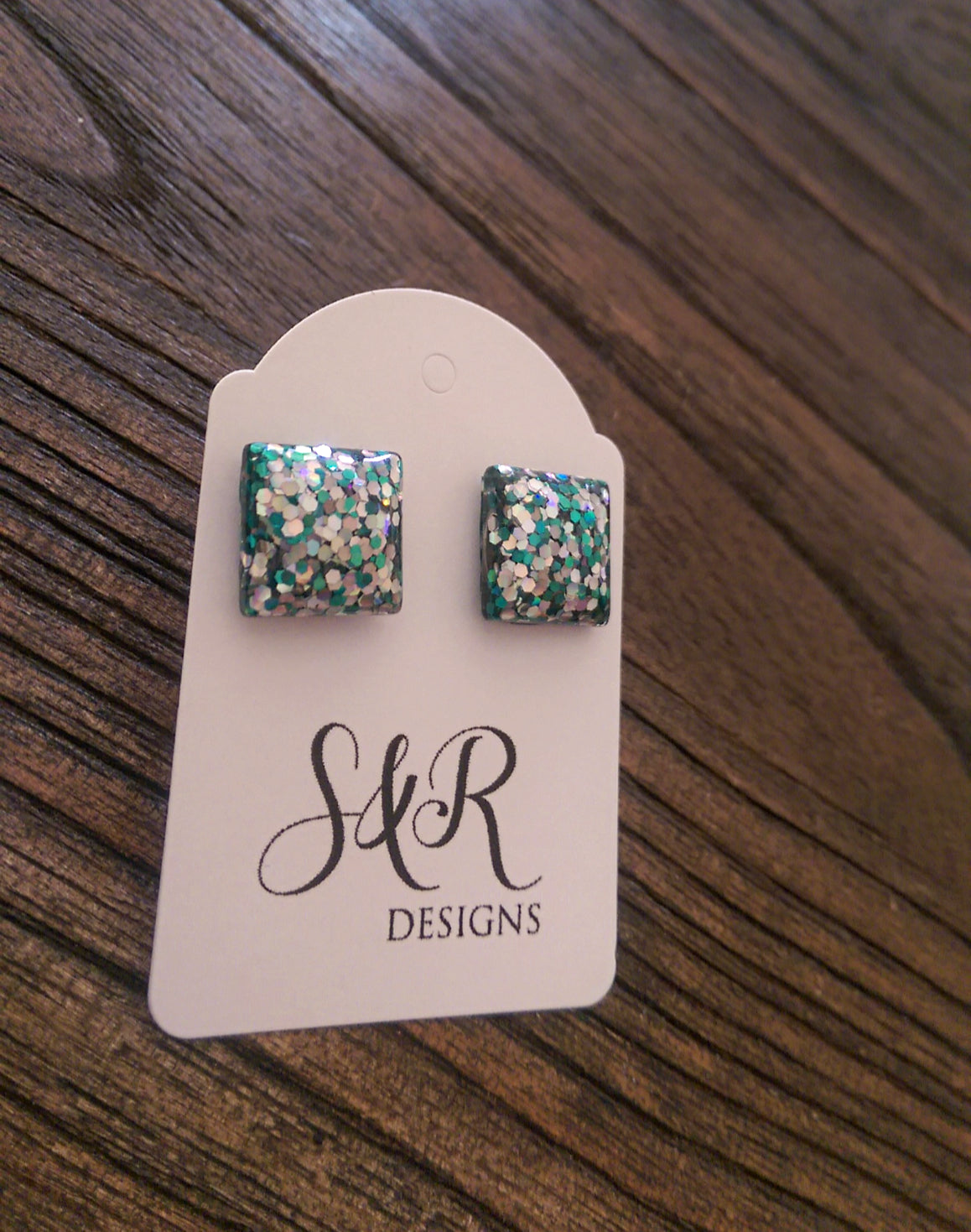 Holographic Silver Green Glitter Square Resin Stud Earrings, Stainless Steel Stud Earrings. 12mm - Silver and Resin Designs