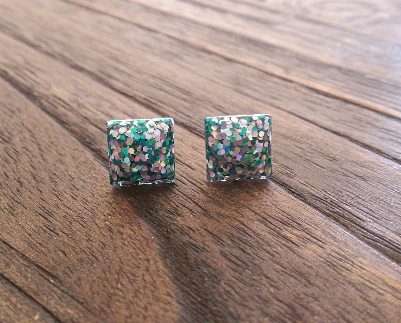 Holographic Silver Green Glitter Square Resin Stud Earrings, Stainless Steel Stud Earrings. 12mm - Silver and Resin Designs