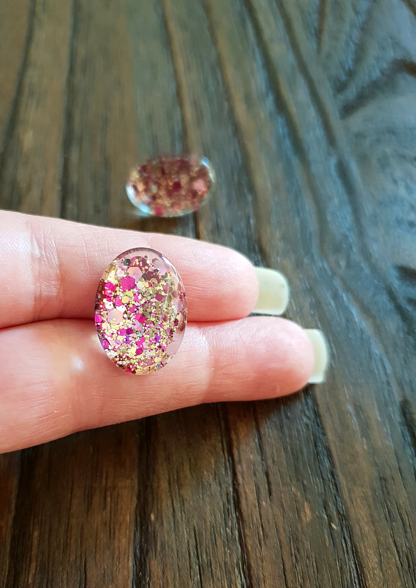 Oval Glass Glitter Resin Stud Earrings Gold Pink Glitter Earrings