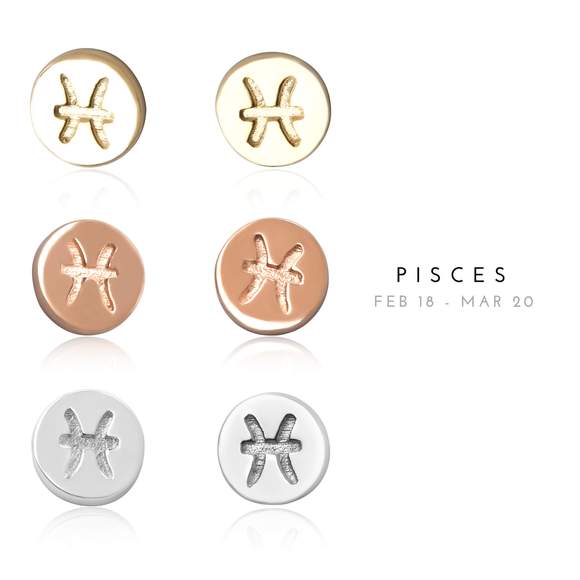 Sterling Silver Pisces Zodiac Disc Stud Earrings Silver or Gold