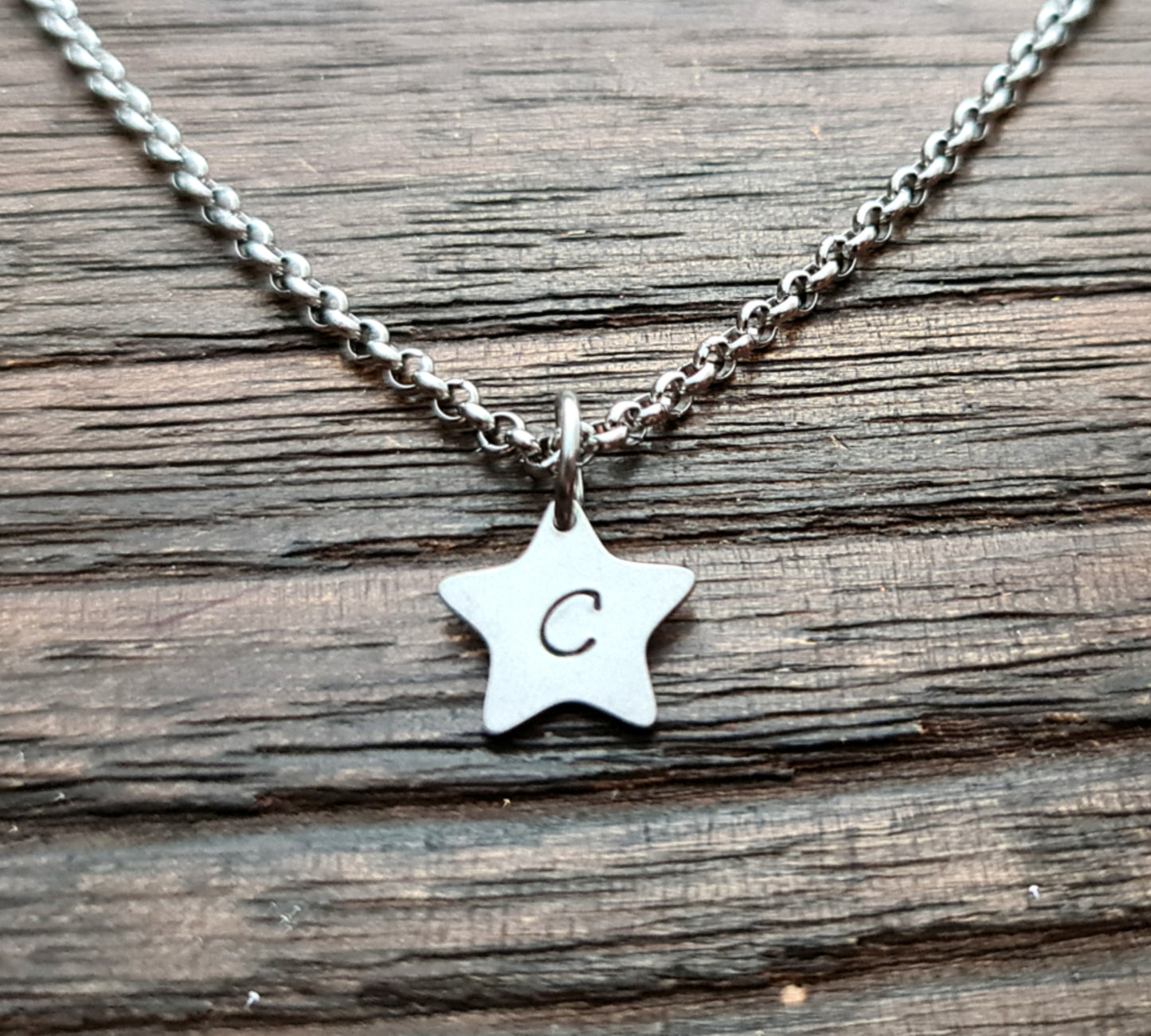 Hand Stamped Star Initial Necklace: Personalized Stainless Steel Pendant
