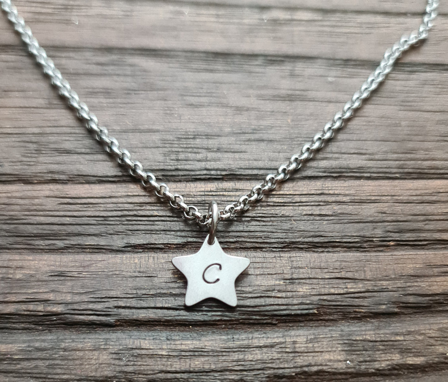 Hand Stamped Star Initial Necklace: Personalized Stainless Steel Pendant