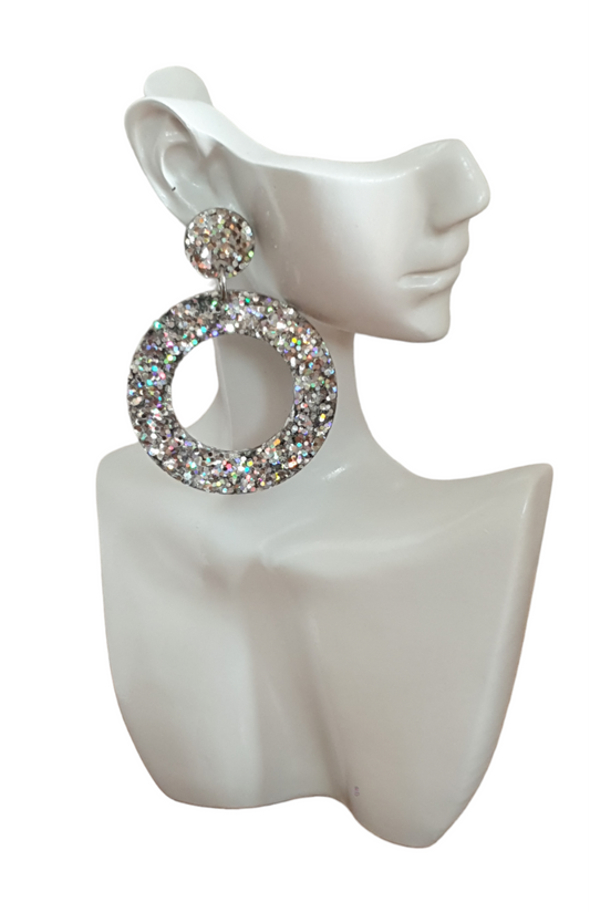 Silver Holographic Glitter Large Circle Earrings, Dangle Statement Earrings