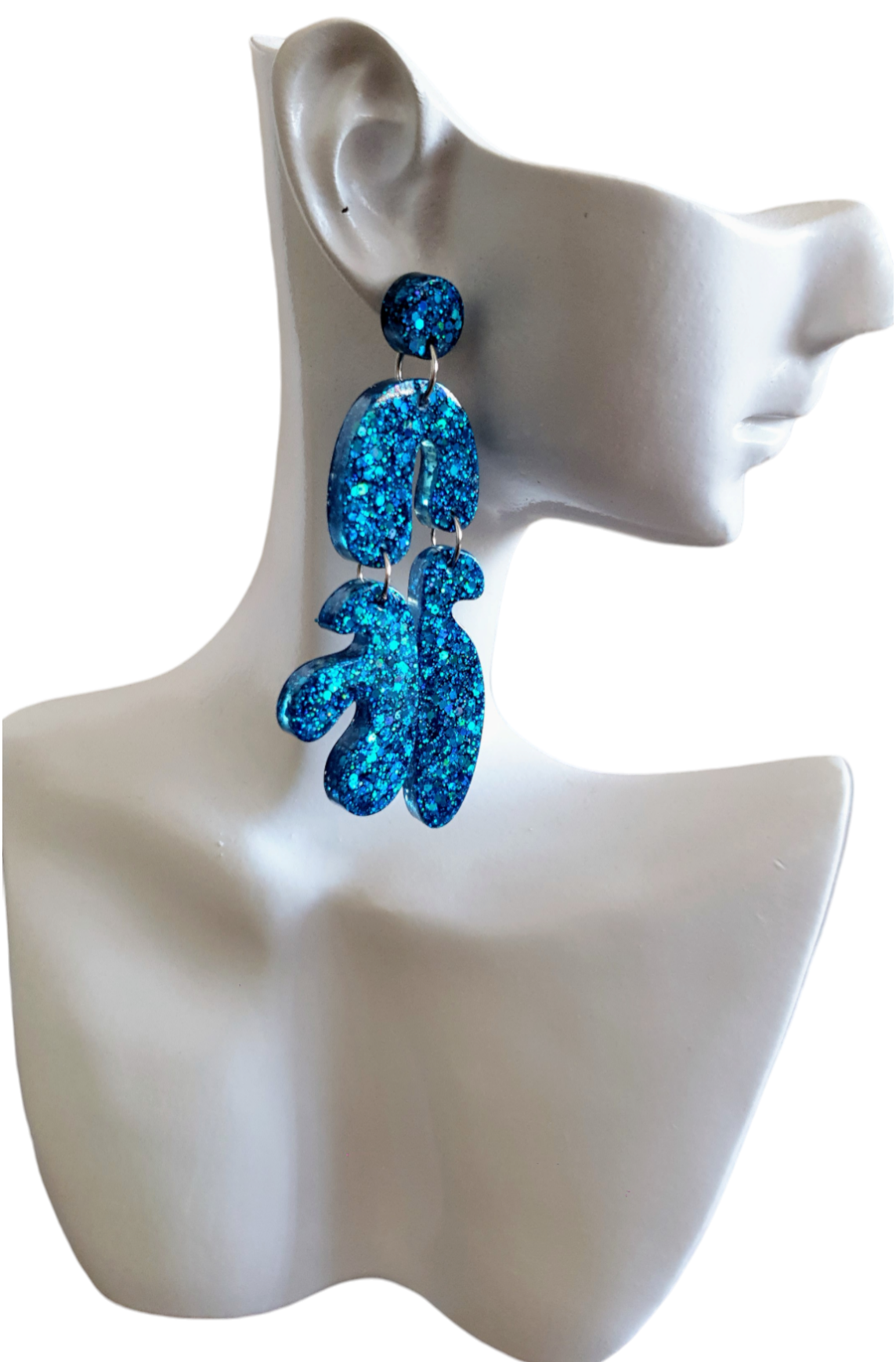 Unique Blue Multi Shape Dangle Drop Earrings, Blue Glitter, Statement Handmade Resin Earrings