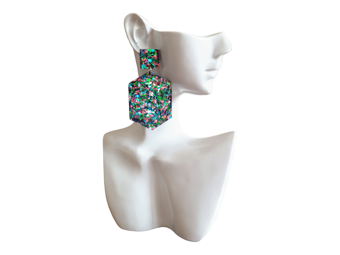Multicoloured Hexagon Square Dangle Drop Earrings, Tormented Glitter, Blue Green Pink Resin Handmade Stud Earrings, Statement Earrings