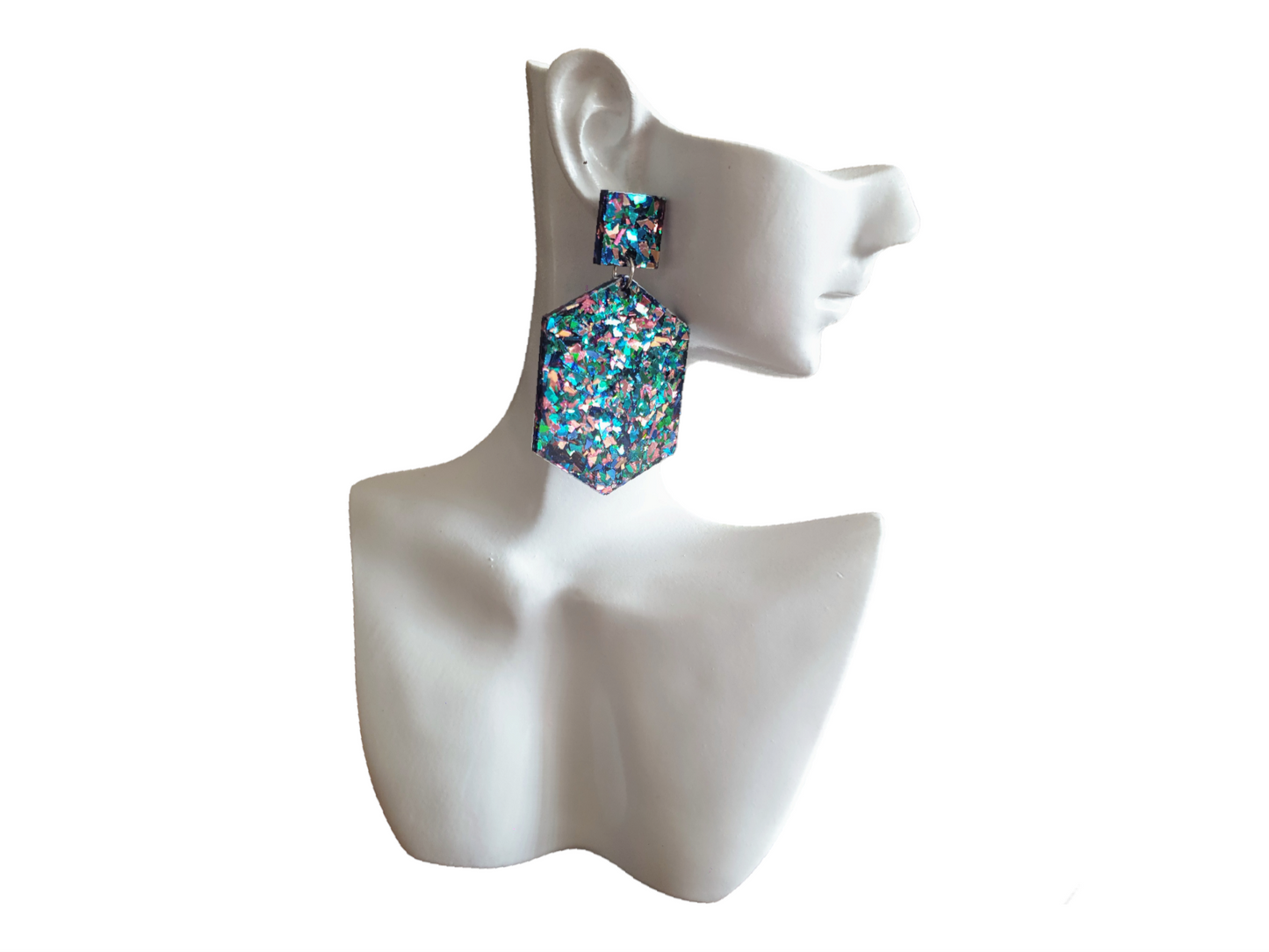 Multicoloured Hexagon Square Dangle Drop Earrings, Tormented Glitter, Blue Green Pink Resin Handmade Stud Earrings, Statement Earrings
