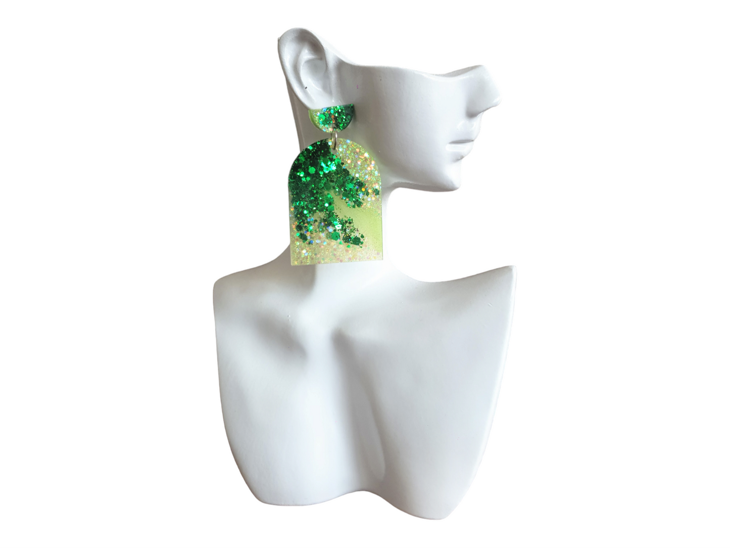 Emerald Green Lime Glitter Arch Earrings, Metalic Green With Holographic Fine Glitter Handmade Resin Dangles, Statement Earrings