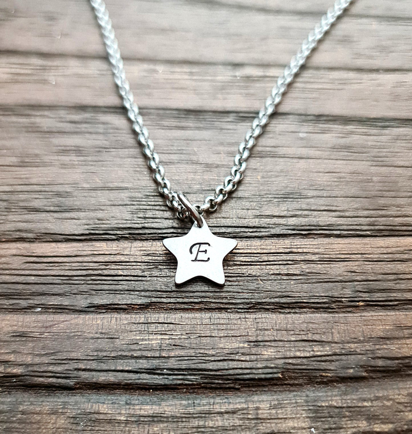 Hand Stamped Star Initial Necklace: Personalized Stainless Steel Pendant