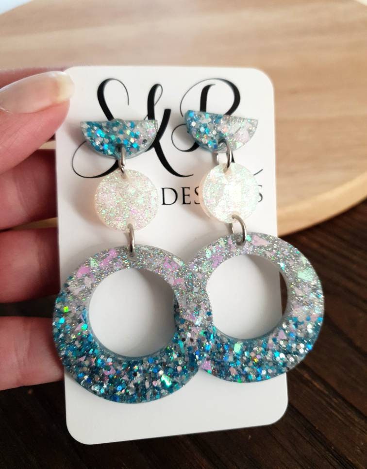 Long Dangle Resin Circle Earrings, Blue and Silver Mix Earrings, Stainless Steel Earrings, Statement Earrings