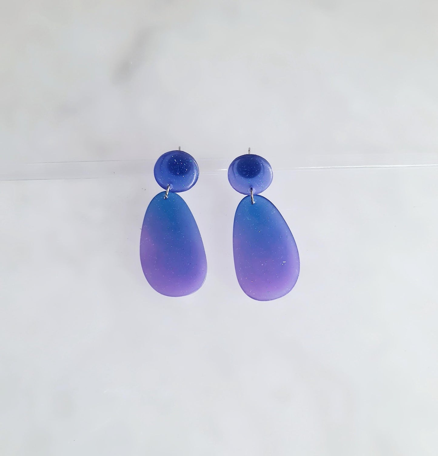 Purple Blue Oval Organic Shape Drop Earrings, Blue Purple Iridescent Dangles, Resin Handmade, Stainless Steel, Statement Gift for her
