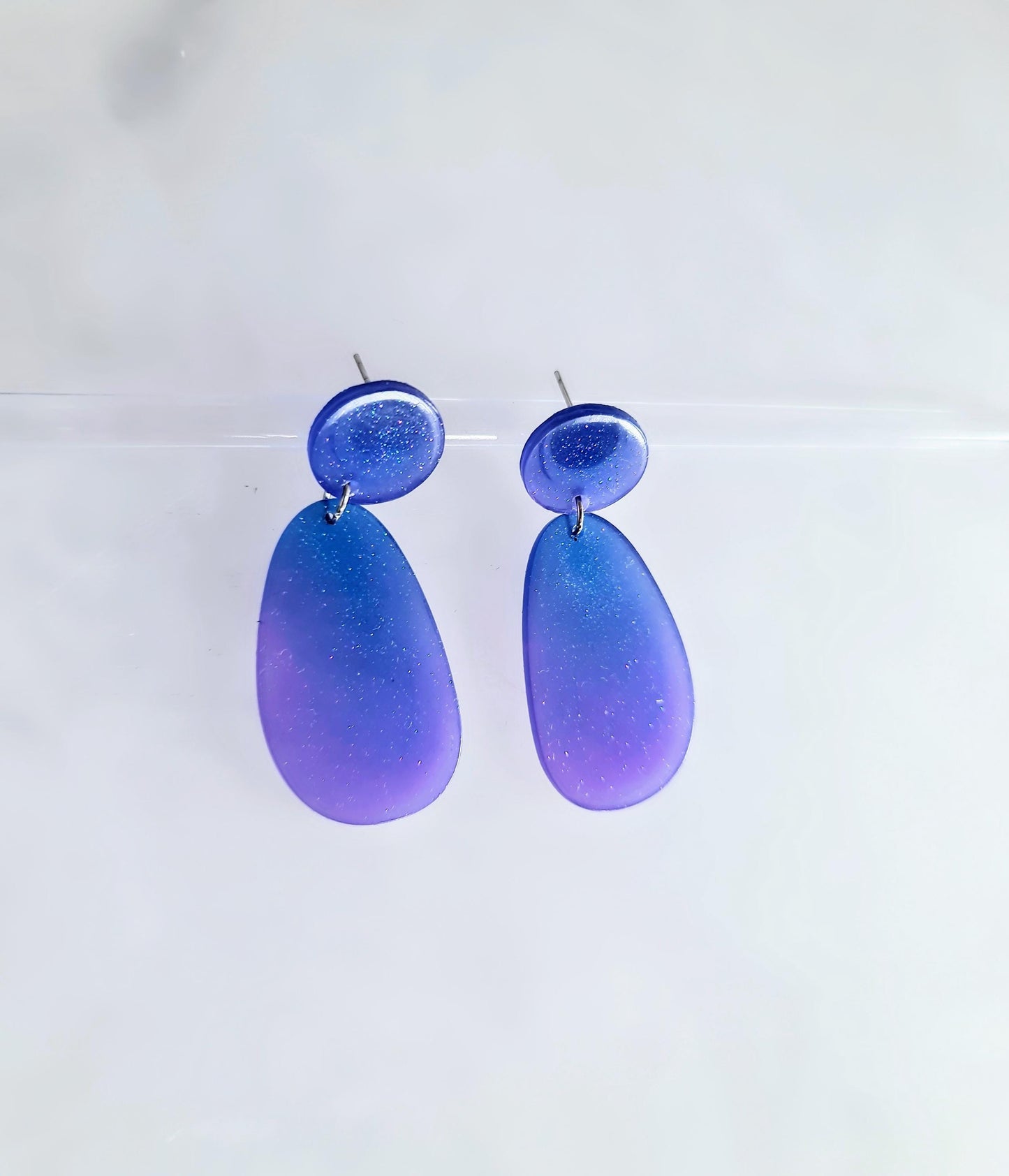 Purple Blue Oval Organic Shape Drop Earrings, Blue Purple Iridescent Dangles, Resin Handmade, Stainless Steel, Statement Gift for her