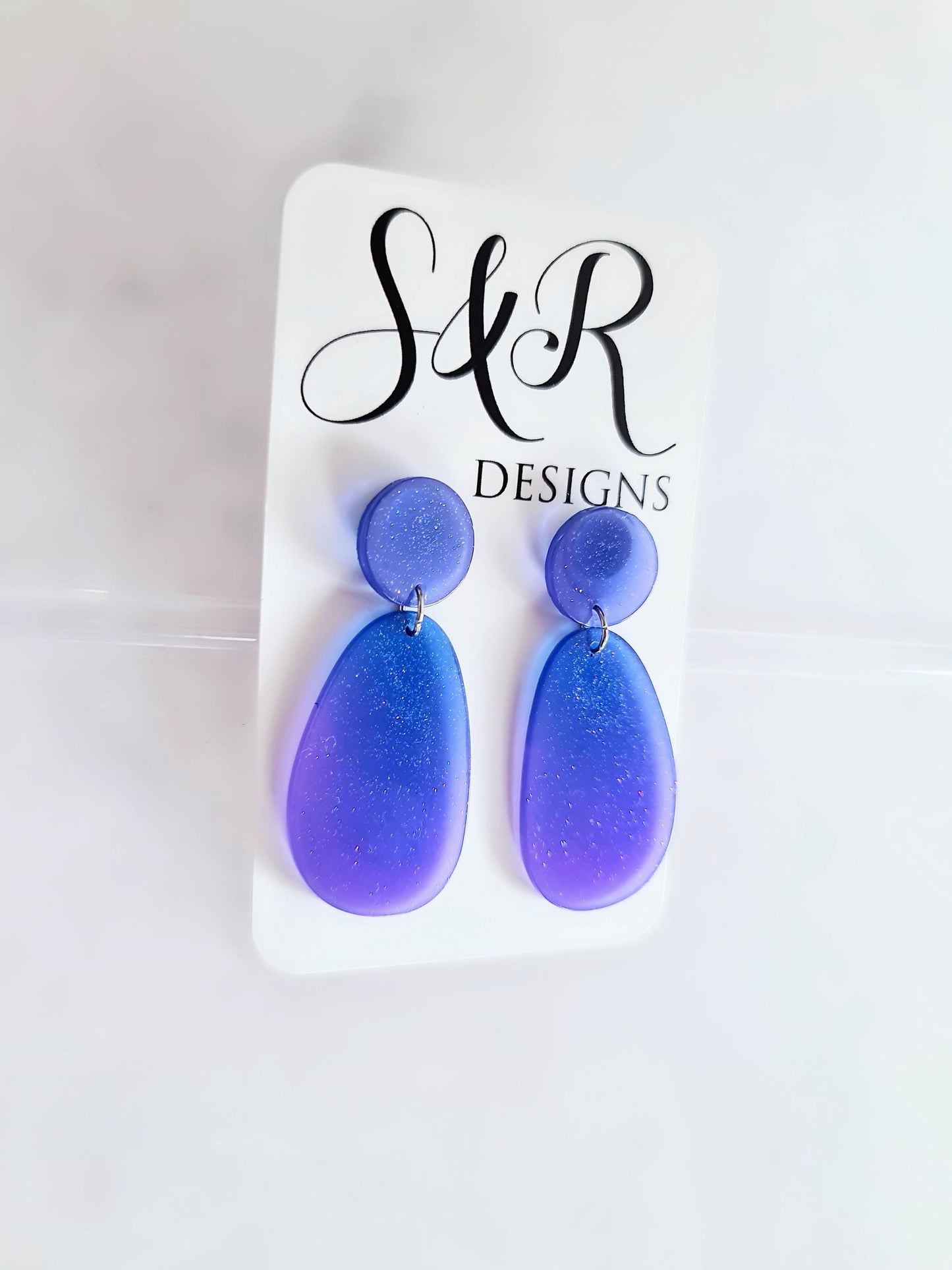 Purple Blue Oval Organic Shape Drop Earrings, Blue Purple Iridescent Dangles, Resin Handmade, Stainless Steel, Statement Gift for her