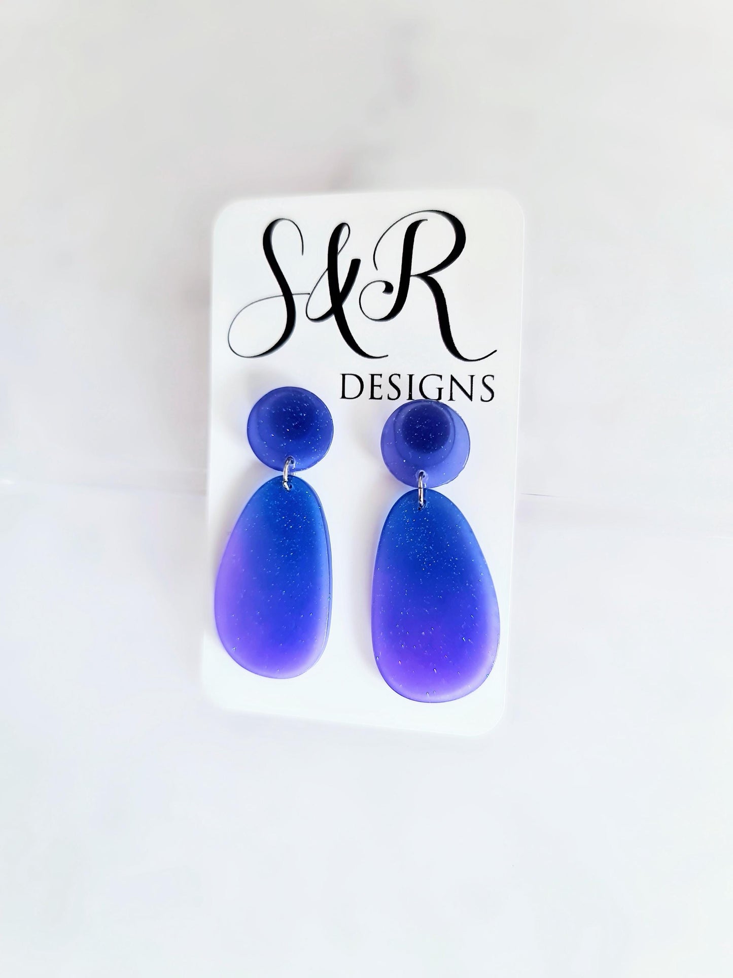 Purple Blue Oval Organic Shape Drop Earrings, Blue Purple Iridescent Dangles, Resin Handmade, Stainless Steel, Statement Gift for her