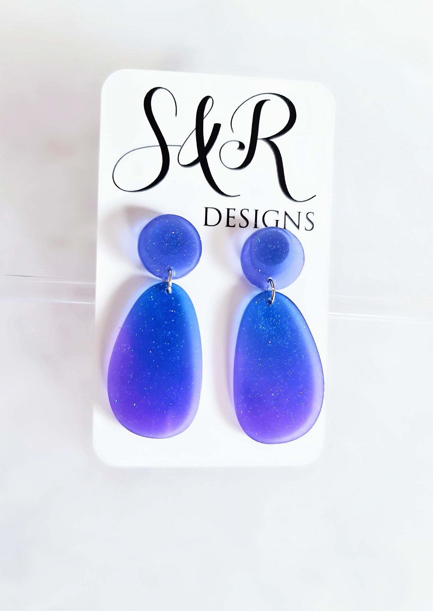 Purple Blue Oval Organic Shape Drop Earrings, Blue Purple Iridescent Dangles, Resin Handmade, Stainless Steel, Statement Gift for her