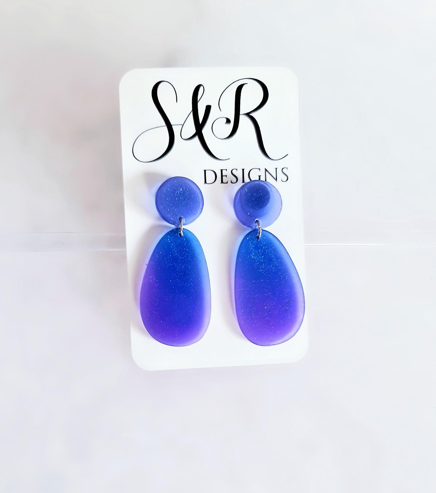 Purple Blue Oval Organic Shape Drop Earrings, Blue Purple Iridescent Dangles, Resin Handmade, Stainless Steel, Statement Gift for her