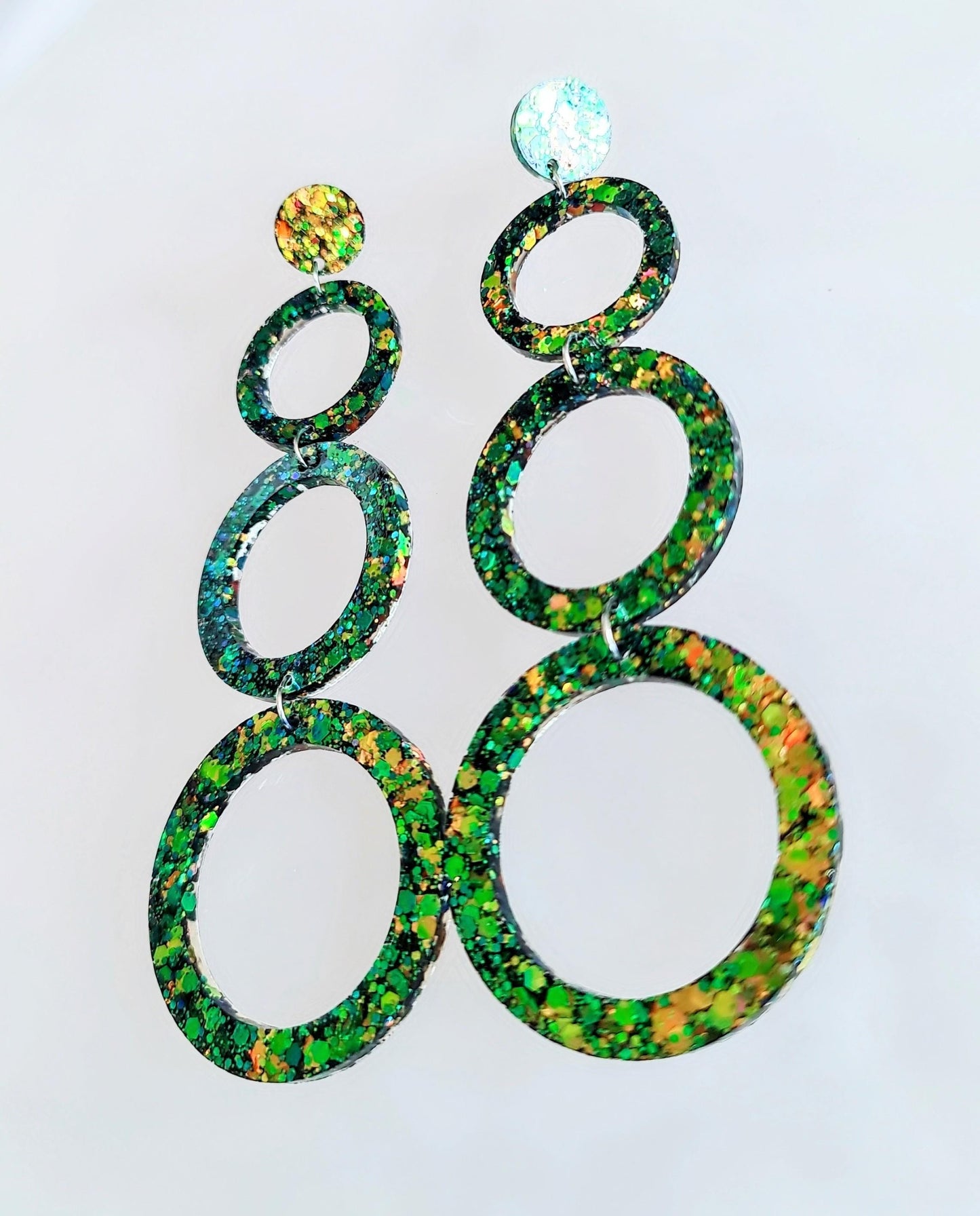 Chainging Colour Circle Oversized Resin Earrings, Statement Green, Blue Gold Mix Glitter Dangles, Stainless Steel Hypoallergenic Lightweight