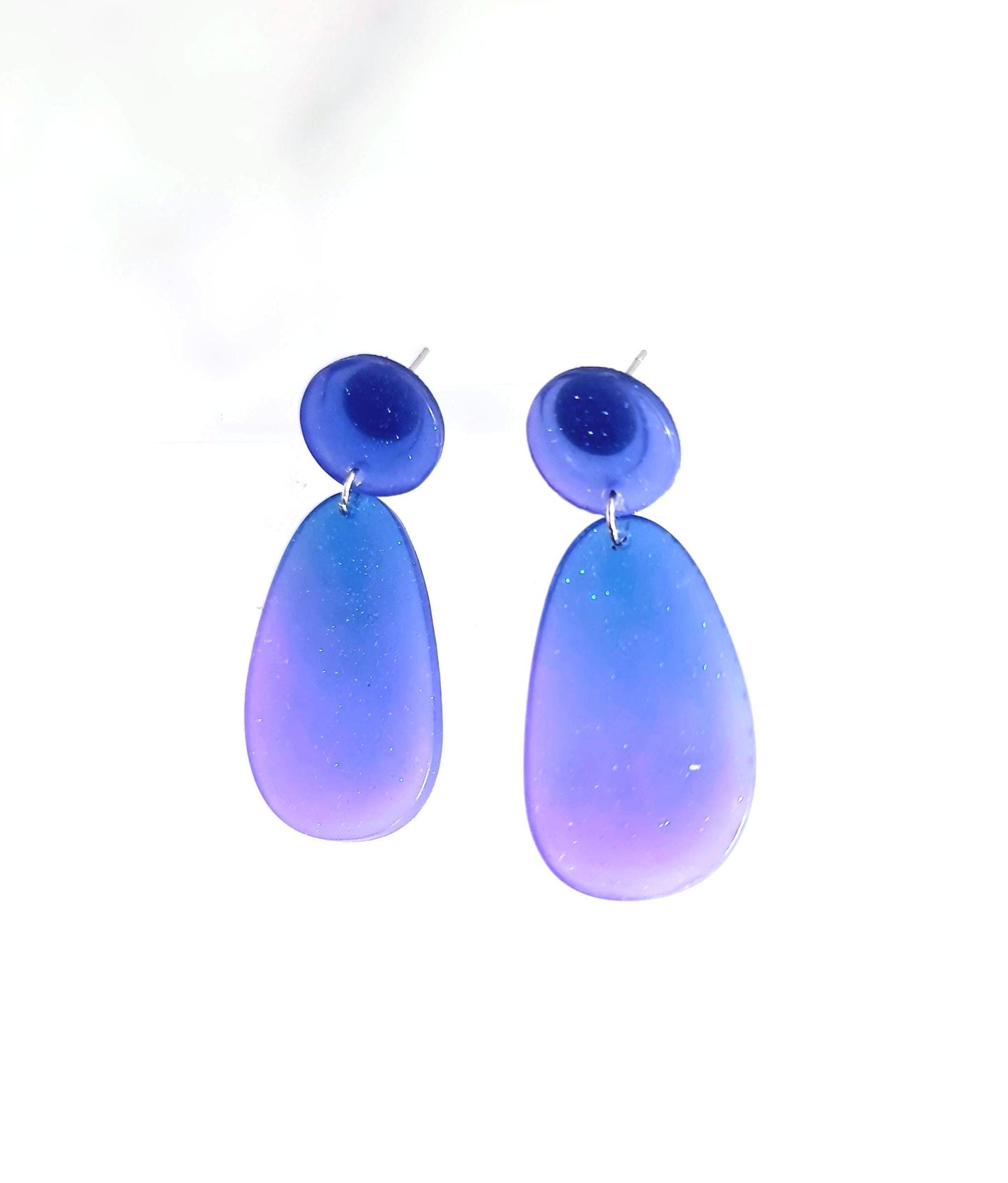 Purple Blue Oval Organic Shape Drop Earrings, Blue Purple Iridescent Dangles, Resin Handmade, Stainless Steel, Statement Gift for her