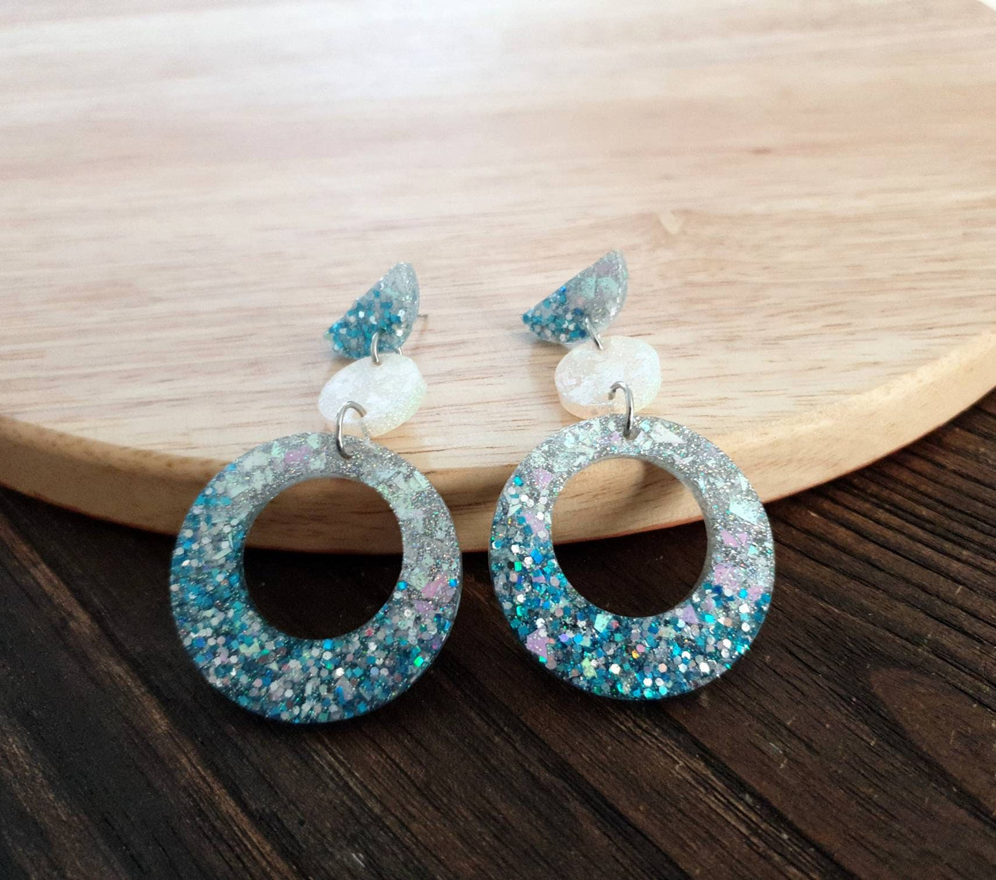 Long Dangle Resin Circle Earrings, Blue and Silver Mix Earrings, Stainless Steel Earrings, Statement Earrings