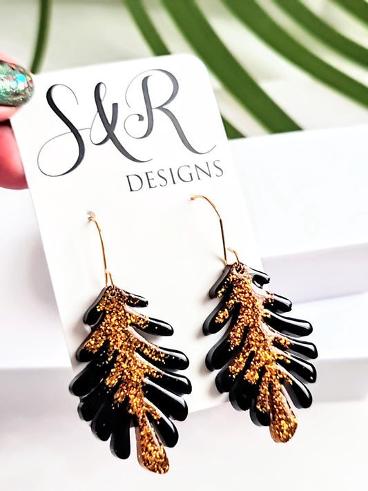Gold and Black Leaves Dangle Earrings, Handmade Glitter Resin Leaf Earrings, Bold Statement Jewellery, Hypoallergenic, Flower Lover