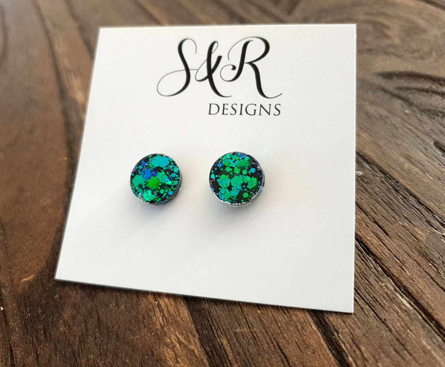 Emerald Green Blue Circle Dot Resin Stud Earrings, Chameleon Glitter Earrings. Stainless Steel Minimalist Studs. 15mm, 12mm, 10mm or 8mm