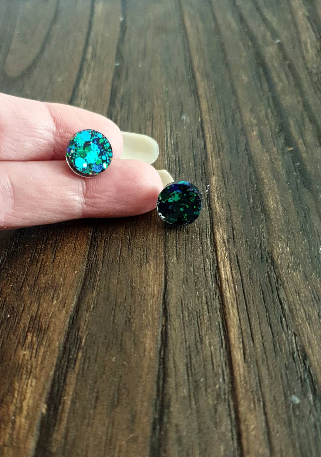 Emerald Green Blue Circle Dot Resin Stud Earrings, Chameleon Glitter Earrings. Stainless Steel Minimalist Studs. 15mm, 12mm, 10mm or 8mm