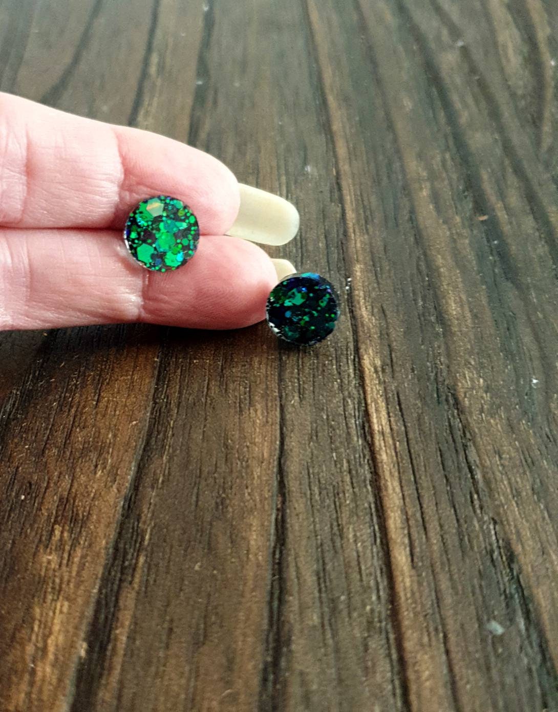 Emerald Green Blue Circle Dot Resin Stud Earrings, Chameleon Glitter Earrings. Stainless Steel Minimalist Studs. 15mm, 12mm, 10mm or 8mm
