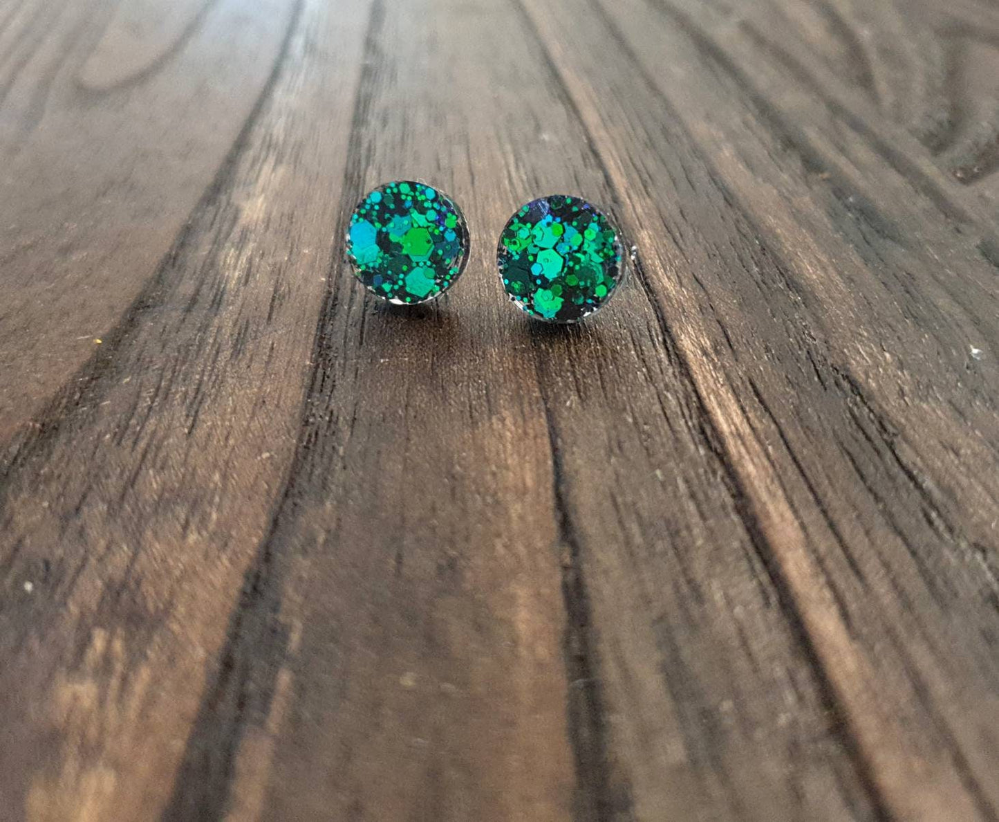 Emerald Green Blue Circle Dot Resin Stud Earrings, Chameleon Glitter Earrings. Stainless Steel Minimalist Studs. 15mm, 12mm, 10mm or 8mm