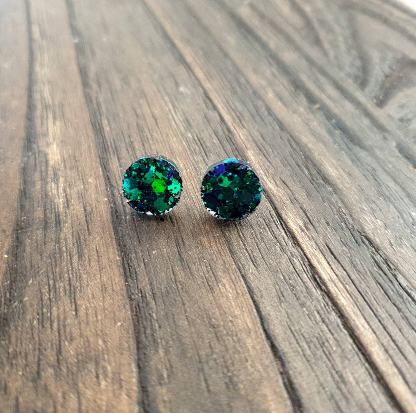 Emerald Green Blue Circle Dot Resin Stud Earrings, Chameleon Glitter Earrings. Stainless Steel Minimalist Studs. 15mm, 12mm, 10mm or 8mm