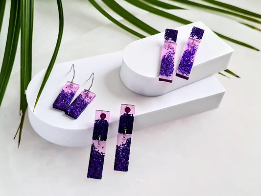 Glitter Resin Dangle Earrings, Vibrant Purple Statement Earrings, Sparkly Acrylic Bar Earrings, Lightweight Party Jewelry, Unique Rectangle