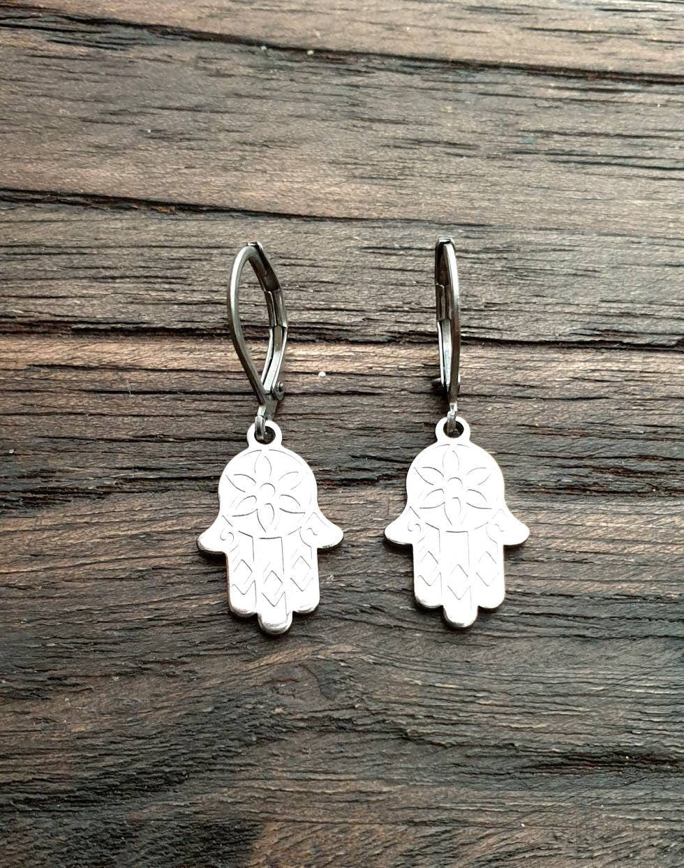 Silver Hamsa Hand Earrings, Leverback Earrings, Stainless Steel Dangle Drops, Threaders or Hook Earrings. Waterproof