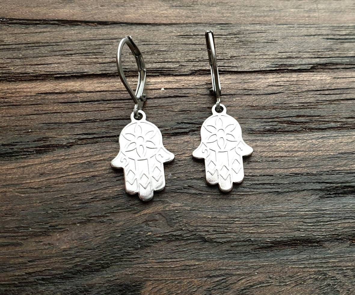 Silver Hamsa Hand Earrings, Leverback Earrings, Stainless Steel Dangle Drops, Threaders or Hook Earrings. Waterproof
