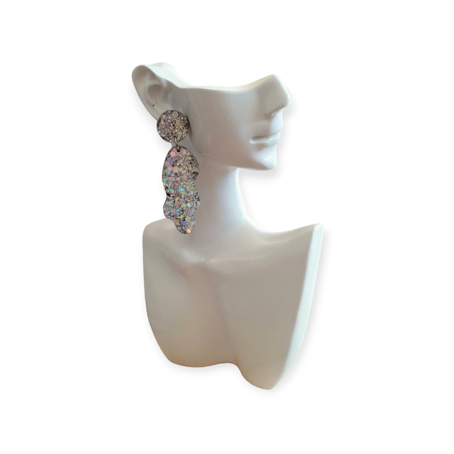 Silver Wave Liquid Shape Dangle Drop Earrings, Silver Holographic Mix Glitter, Statement Handmade Resin Earrings