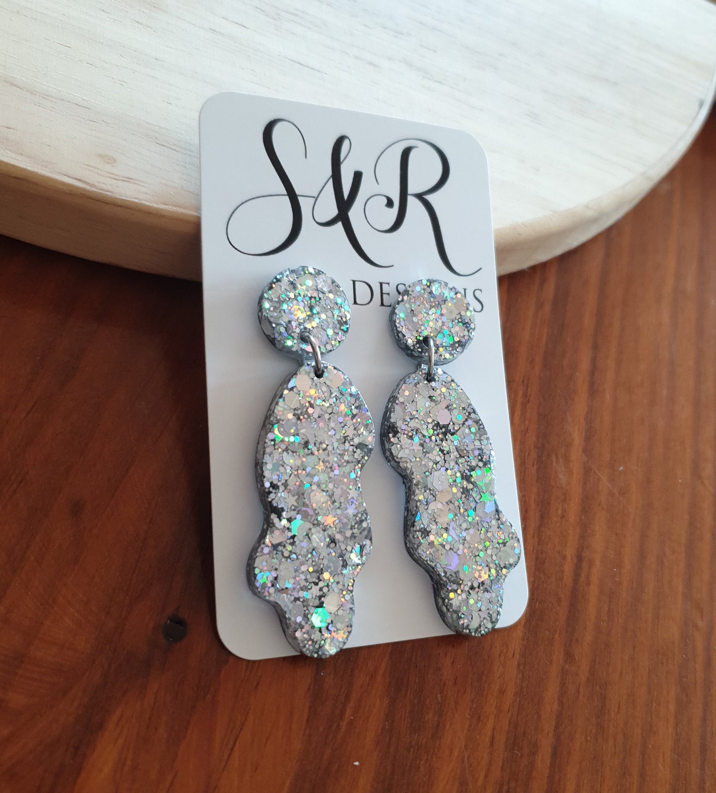 Silver Wave Liquid Shape Dangle Drop Earrings, Silver Holographic Mix Glitter, Statement Handmade Resin Earrings