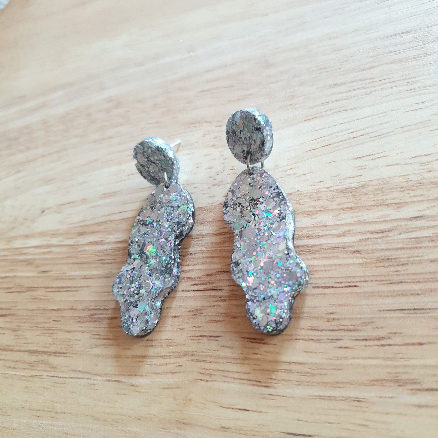 Silver Wave Liquid Shape Dangle Drop Earrings, Silver Holographic Mix Glitter, Statement Handmade Resin Earrings