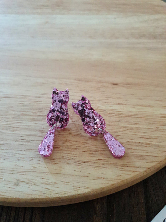 Pink Blush Cat Dangle Earrings, Cat with Moving Tail Long Earrings, Pink Glitter Handmade Resin Earrings, Cat Earrings Stainless Steel.