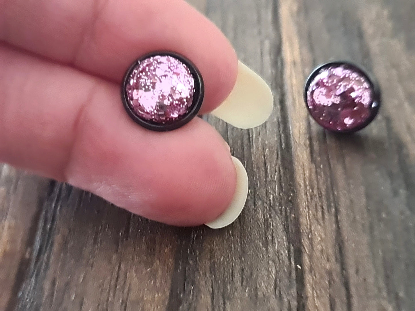 Pink Blush Glitter Stud Earrings, Black Stainless Steel Earrings 10mm