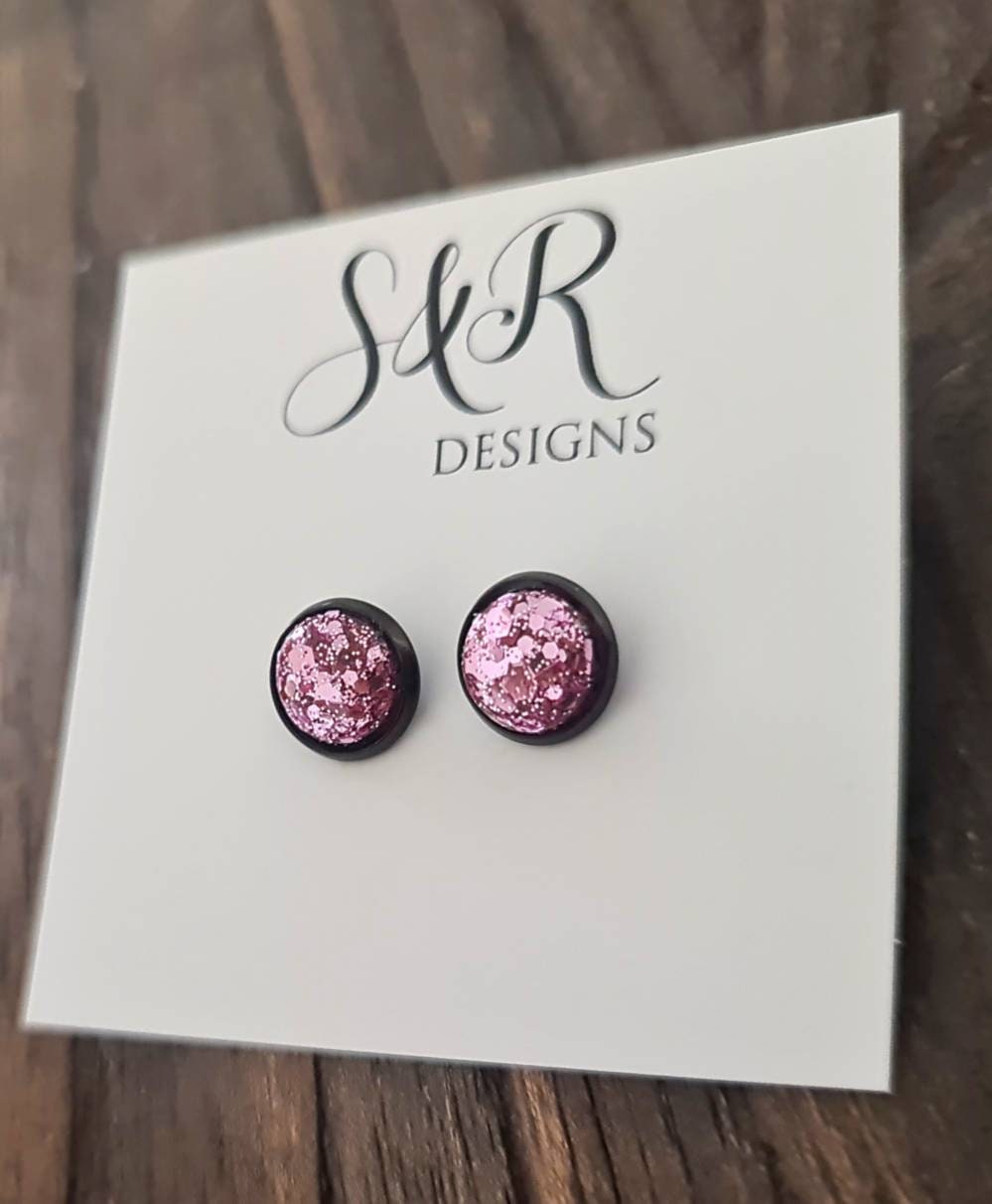 Pink Blush Glitter Stud Earrings, Black Stainless Steel Earrings 10mm