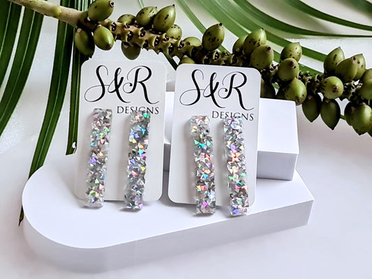 Glitter Resin Dangle Earrings, Silver Confetti Statement Earrings, Sparkly Acrylic Bar Earrings, Lightweight Party Jewelry, Unique Rectangle