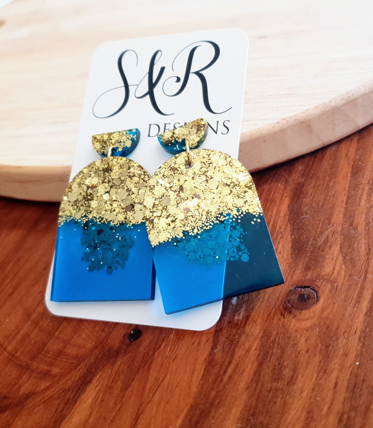 Blue Gold Drop Post Earrings, Glamour Glitter Arch Dangles, Brilliant Blue with Gold Mix Chunky Glitter Handmade Resin, Statement Earrings