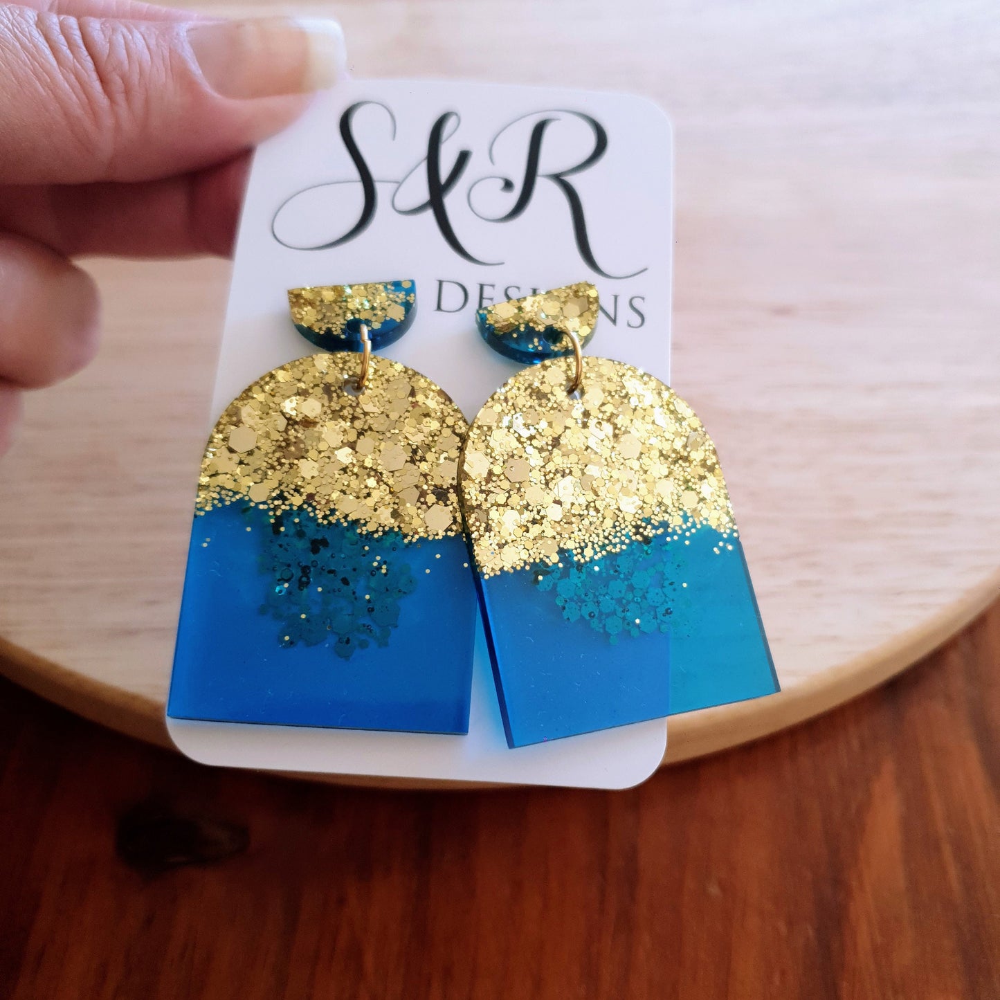 Blue Gold Drop Post Earrings, Glamour Glitter Arch Dangles, Brilliant Blue with Gold Mix Chunky Glitter Handmade Resin, Statement Earrings