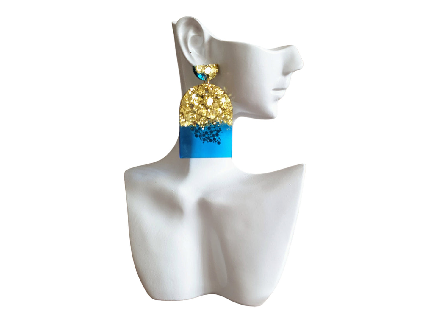 Blue Gold Drop Post Earrings, Glamour Glitter Arch Dangles, Brilliant Blue with Gold Mix Chunky Glitter Handmade Resin, Statement Earrings