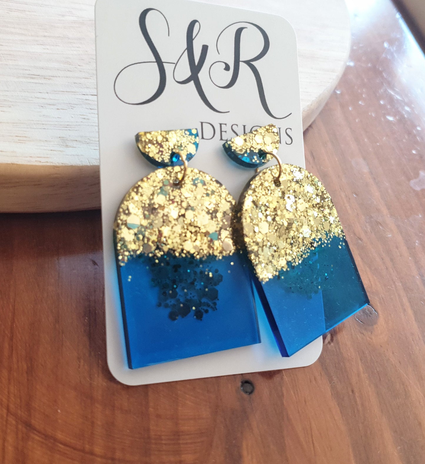Blue Gold Drop Post Earrings, Glamour Glitter Arch Dangles, Brilliant Blue with Gold Mix Chunky Glitter Handmade Resin, Statement Earrings