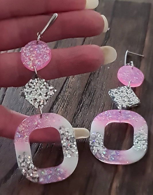 Pink Silver Oversized Rounded Square Dangles, Statement Long Glitter Earrings