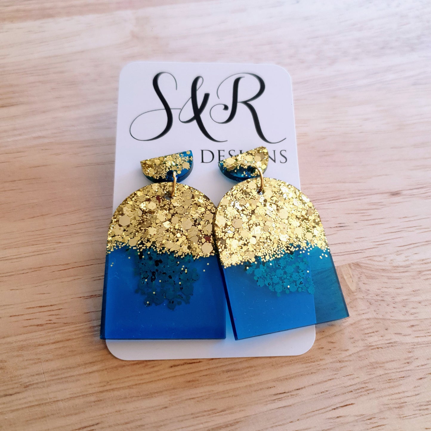 Blue Gold Drop Post Earrings, Glamour Glitter Arch Dangles, Brilliant Blue with Gold Mix Chunky Glitter Handmade Resin, Statement Earrings