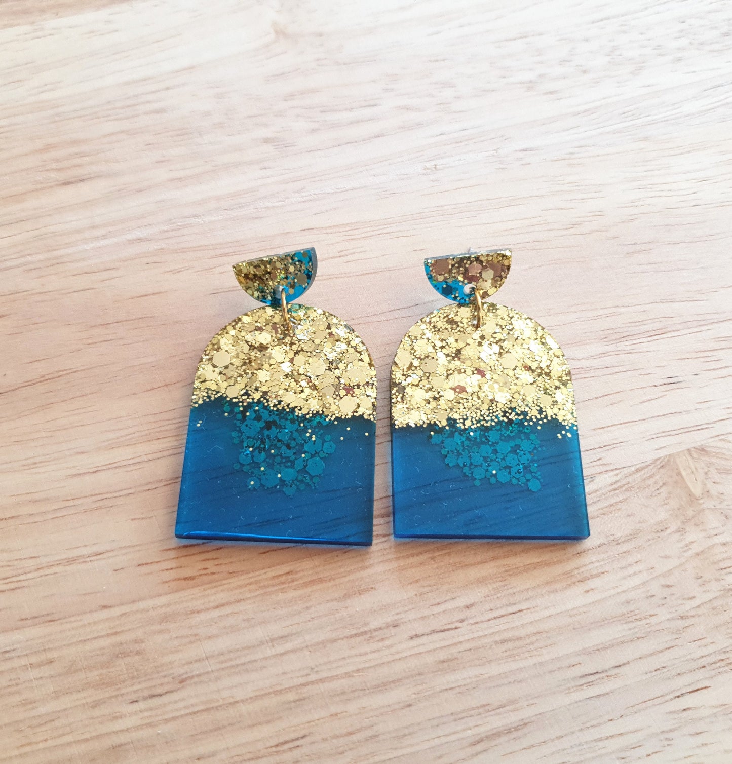Blue Gold Drop Post Earrings, Glamour Glitter Arch Dangles, Brilliant Blue with Gold Mix Chunky Glitter Handmade Resin, Statement Earrings