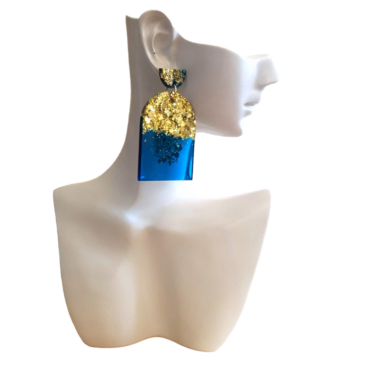 Blue Gold Drop Post Earrings, Glamour Glitter Arch Dangles, Brilliant Blue with Gold Mix Chunky Glitter Handmade Resin, Statement Earrings