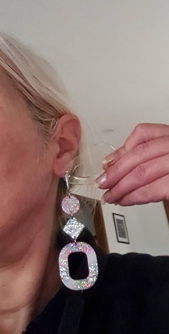 Pink Silver Oversized Rounded Square Dangles, Statement Long Glitter Earrings
